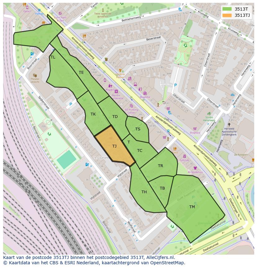Afbeelding van het postcodegebied 3513 TJ op de kaart.