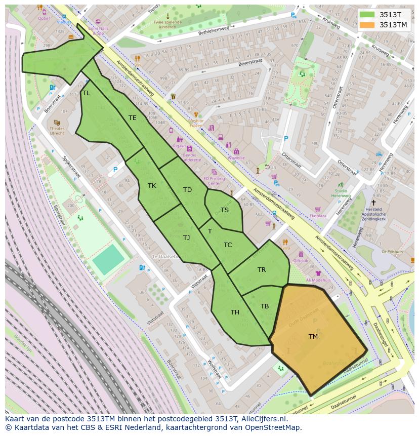 Afbeelding van het postcodegebied 3513 TM op de kaart.