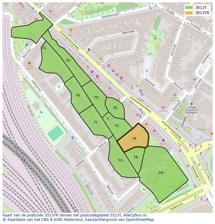 Afbeelding van het postcodegebied 3513 TR op de kaart.