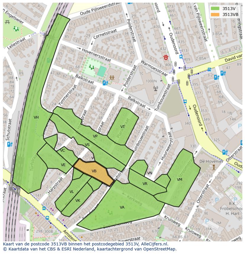 Afbeelding van het postcodegebied 3513 VB op de kaart.