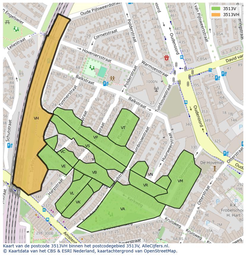 Afbeelding van het postcodegebied 3513 VH op de kaart.