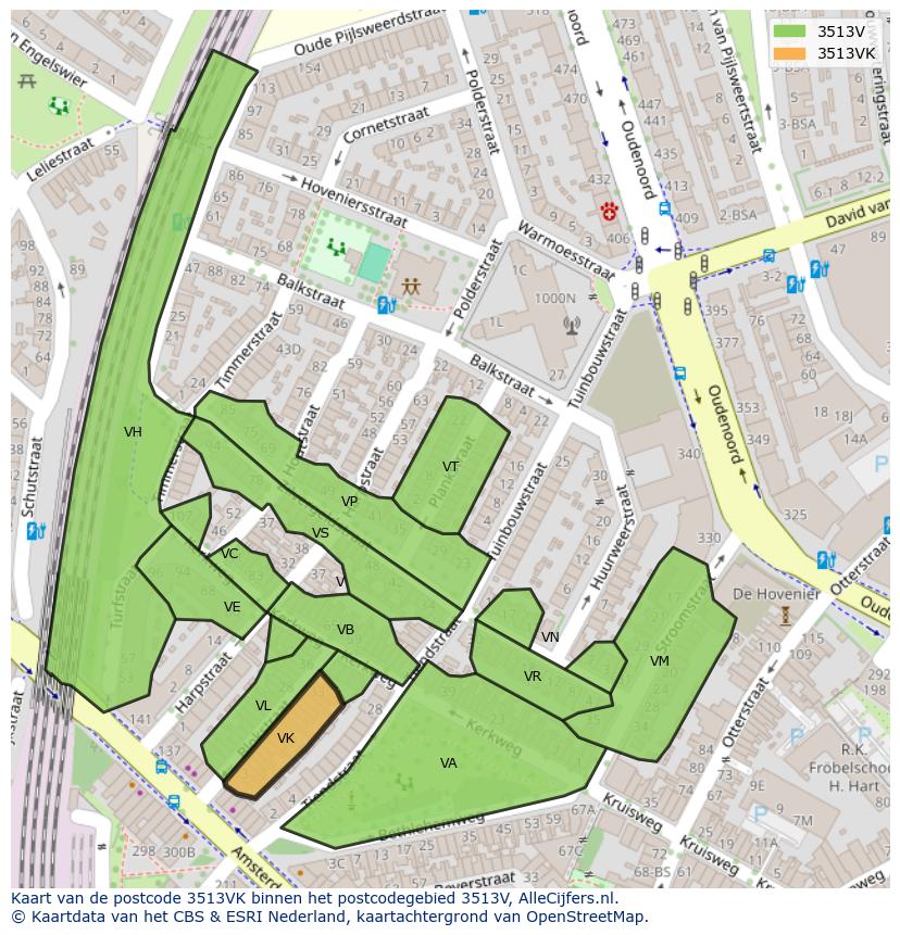 Afbeelding van het postcodegebied 3513 VK op de kaart.