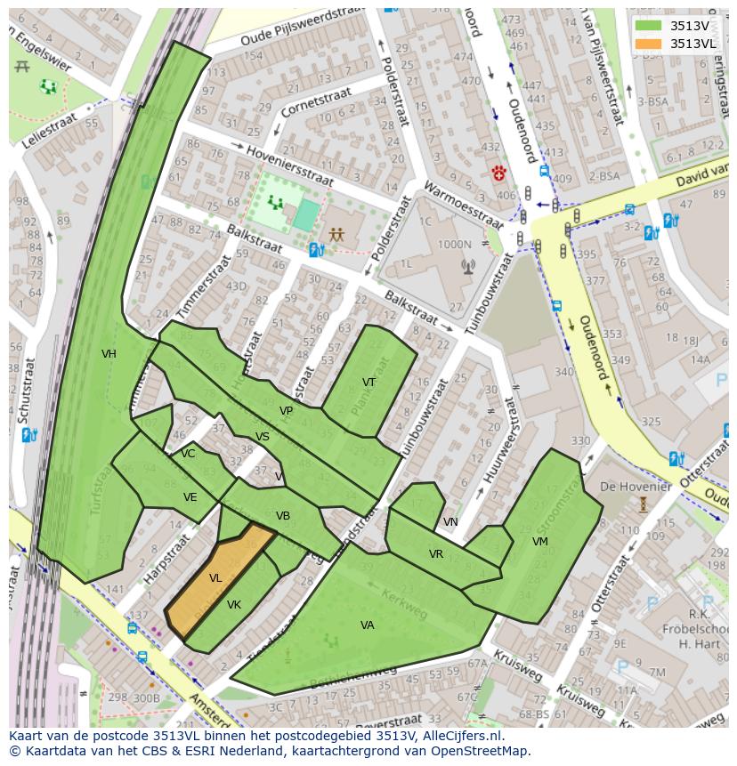 Afbeelding van het postcodegebied 3513 VL op de kaart.