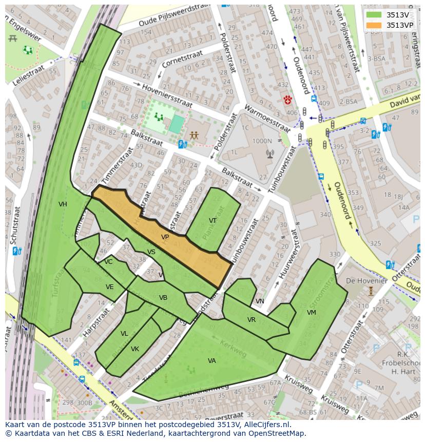 Afbeelding van het postcodegebied 3513 VP op de kaart.