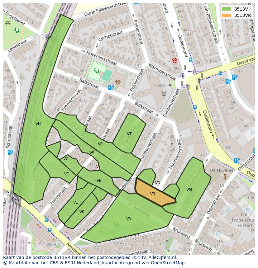 Afbeelding van het postcodegebied 3513 VR op de kaart.