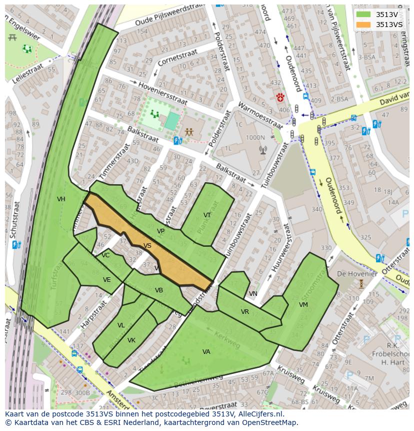 Afbeelding van het postcodegebied 3513 VS op de kaart.