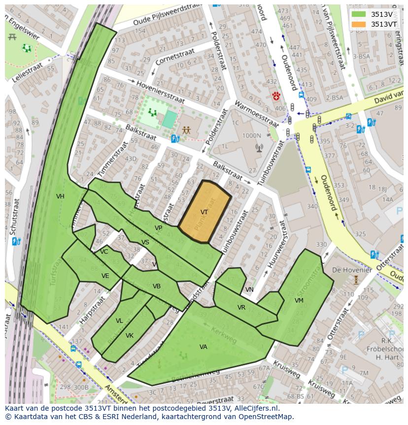 Afbeelding van het postcodegebied 3513 VT op de kaart.