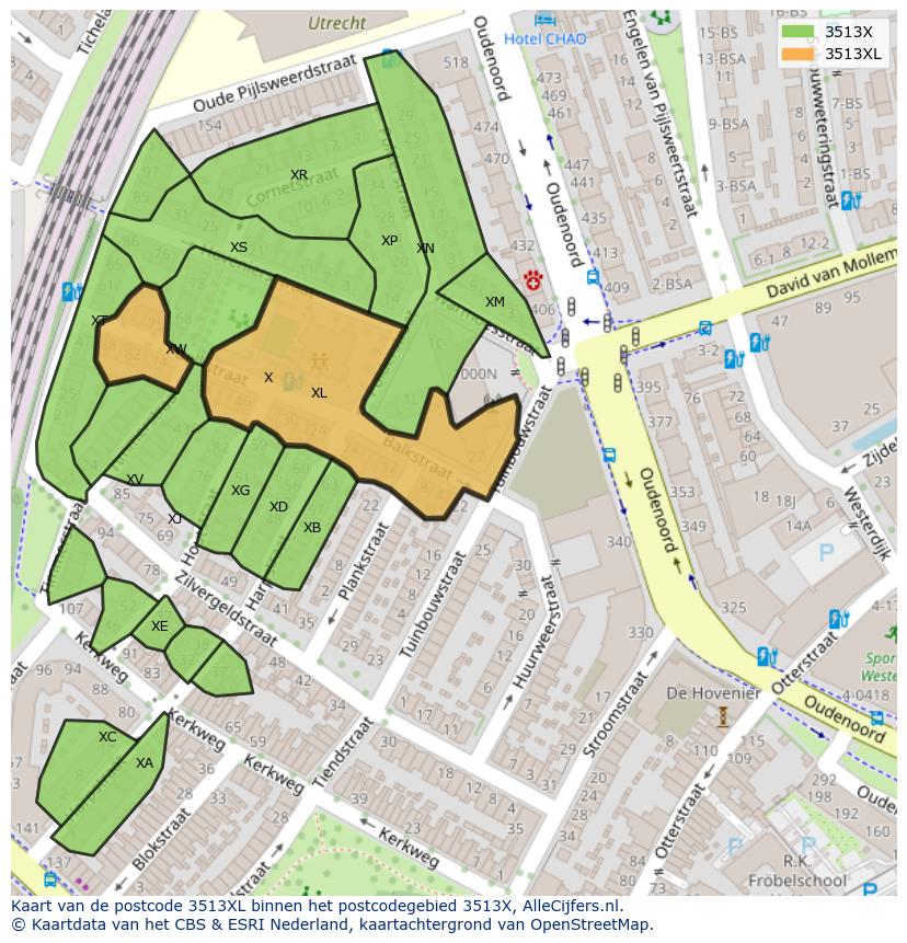 Afbeelding van het postcodegebied 3513 XL op de kaart.