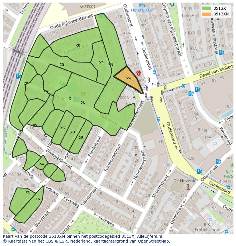 Afbeelding van het postcodegebied 3513 XM op de kaart.