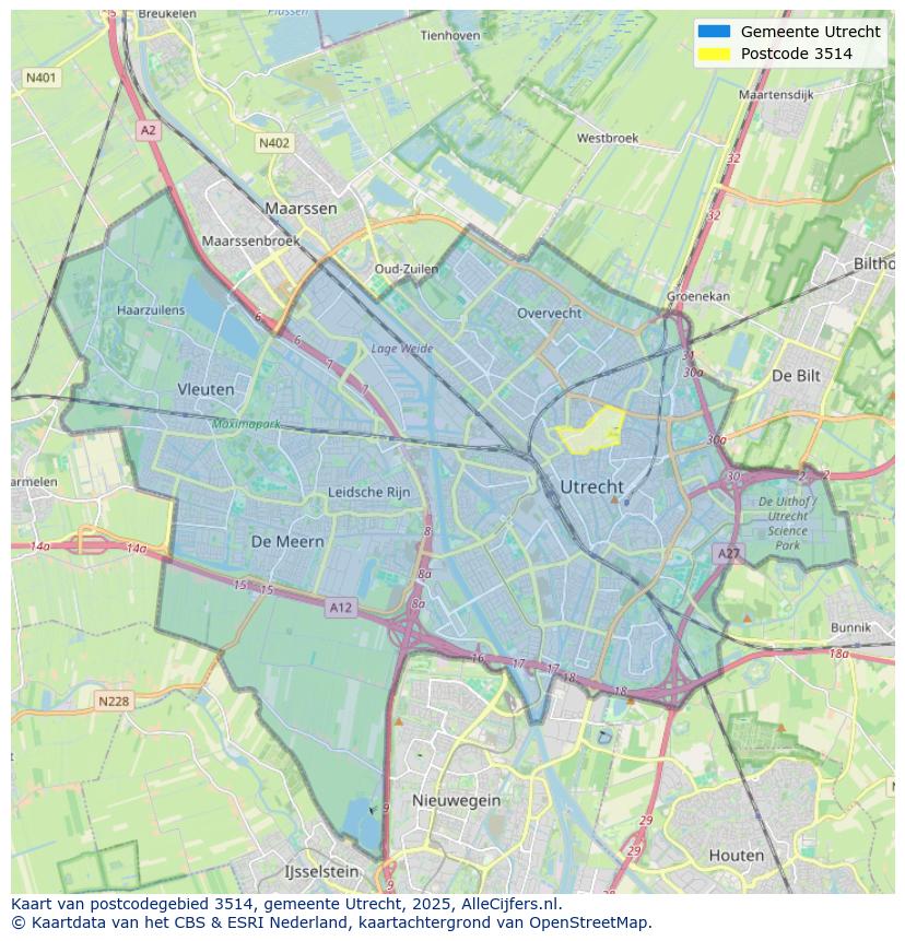Afbeelding van het postcodegebied 3514 op de kaart.