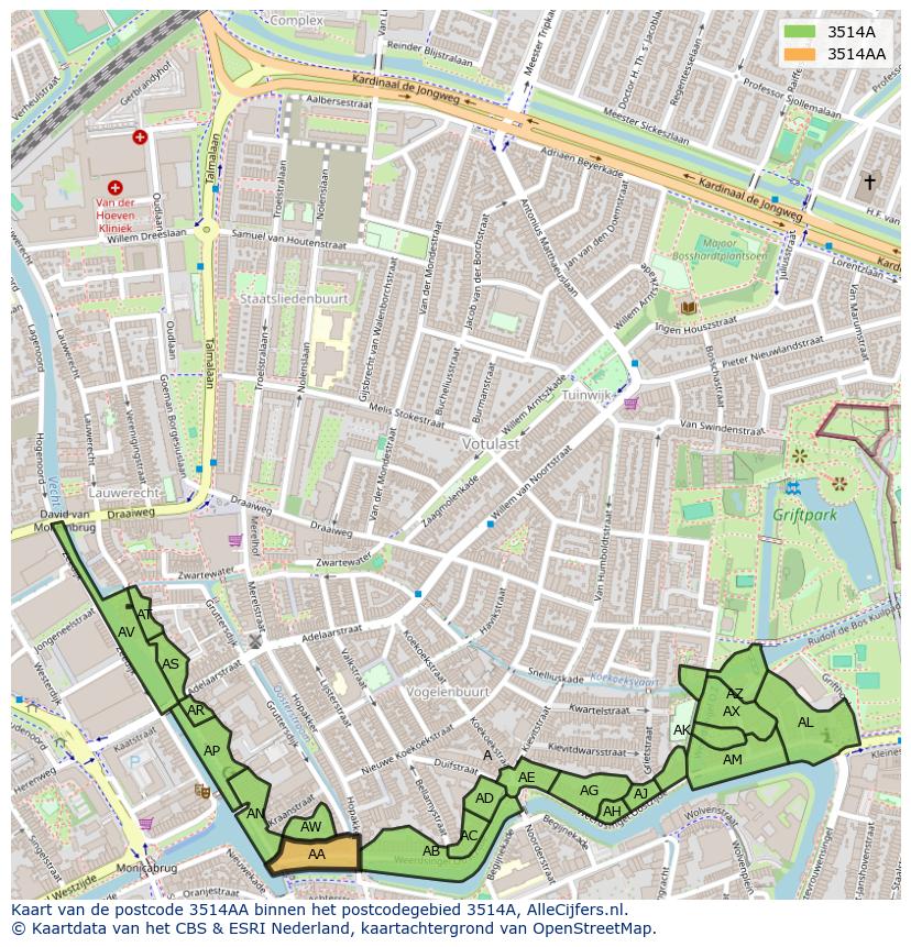 Afbeelding van het postcodegebied 3514 AA op de kaart.