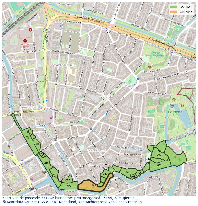 Afbeelding van het postcodegebied 3514 AB op de kaart.