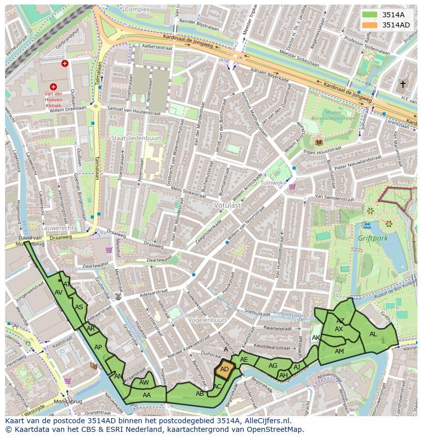 Afbeelding van het postcodegebied 3514 AD op de kaart.
