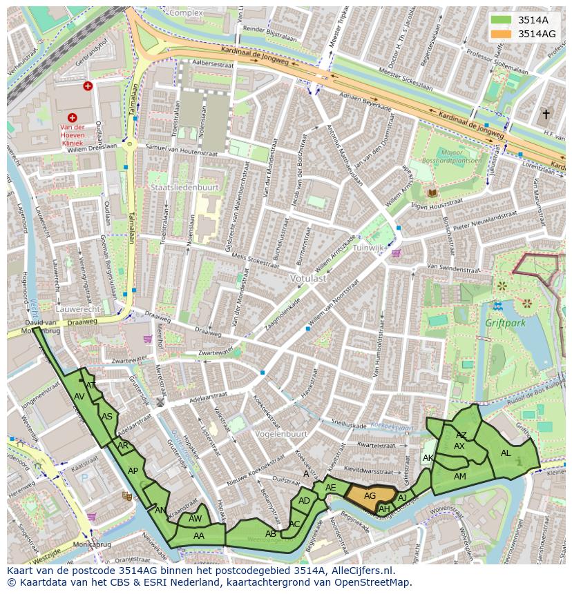 Afbeelding van het postcodegebied 3514 AG op de kaart.