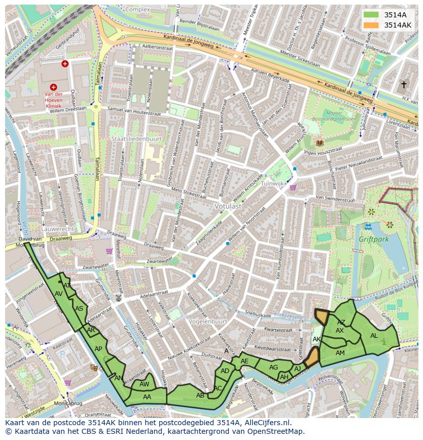 Afbeelding van het postcodegebied 3514 AK op de kaart.