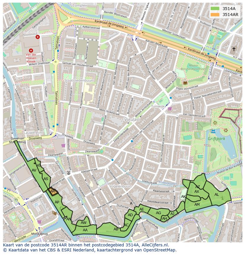 Afbeelding van het postcodegebied 3514 AR op de kaart.