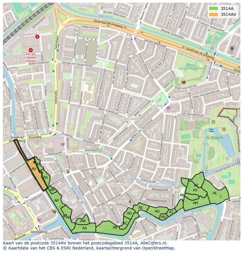 Afbeelding van het postcodegebied 3514 AV op de kaart.