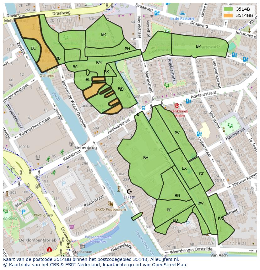 Afbeelding van het postcodegebied 3514 BB op de kaart.
