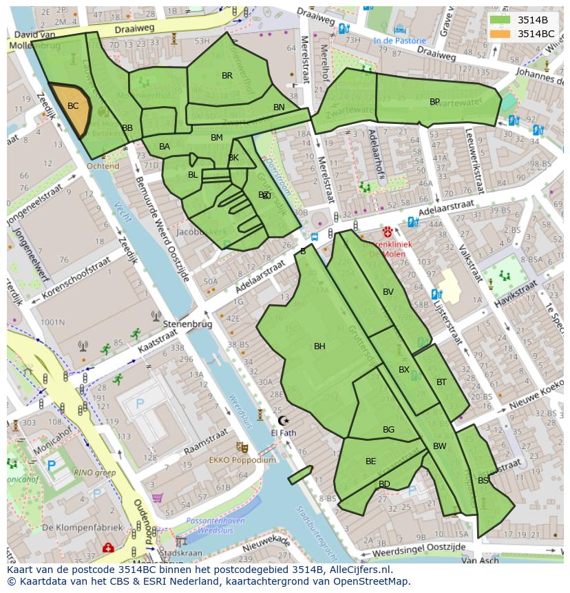 Afbeelding van het postcodegebied 3514 BC op de kaart.