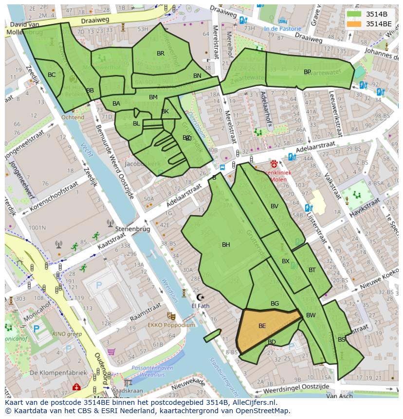 Afbeelding van het postcodegebied 3514 BE op de kaart.