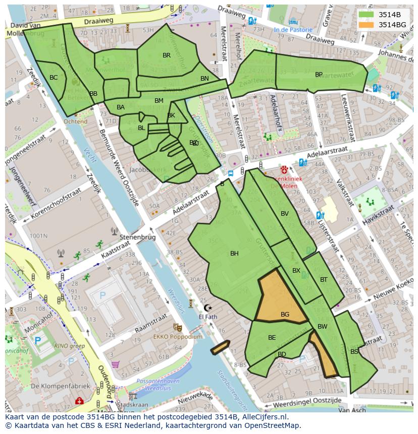 Afbeelding van het postcodegebied 3514 BG op de kaart.