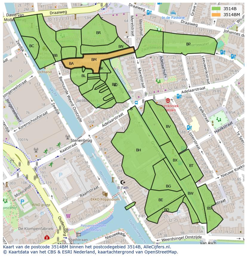 Afbeelding van het postcodegebied 3514 BM op de kaart.