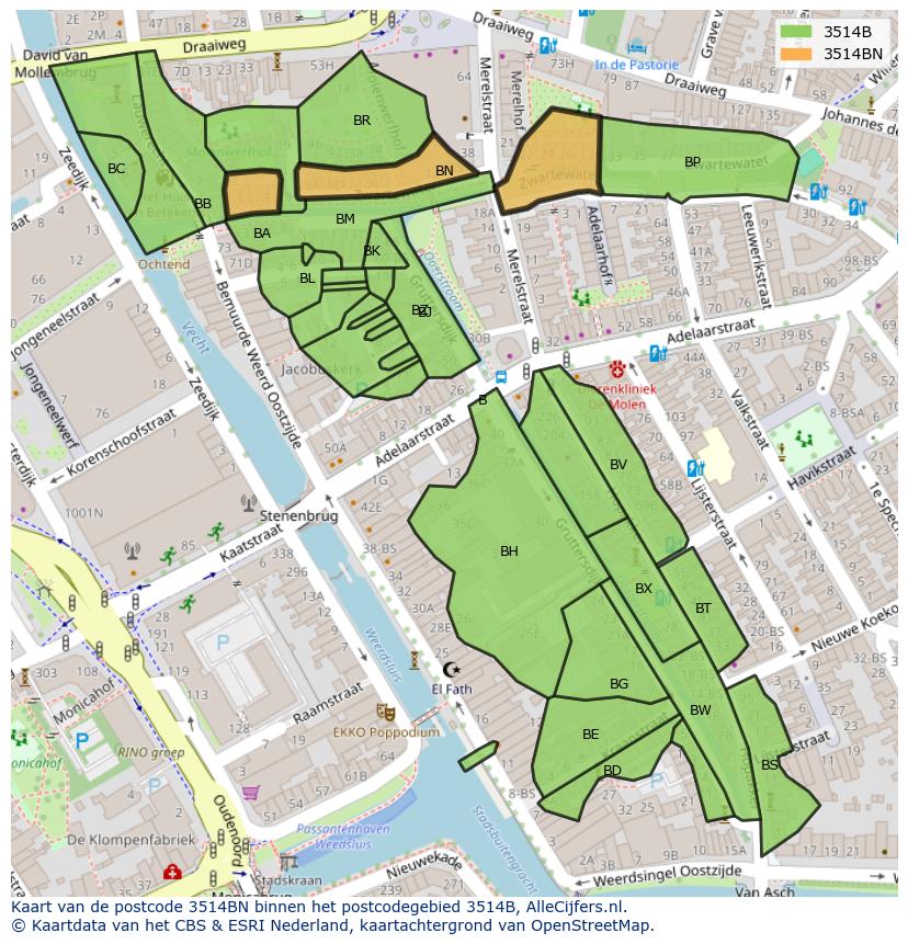 Afbeelding van het postcodegebied 3514 BN op de kaart.