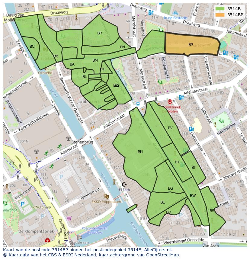 Afbeelding van het postcodegebied 3514 BP op de kaart.