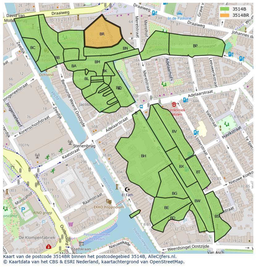 Afbeelding van het postcodegebied 3514 BR op de kaart.
