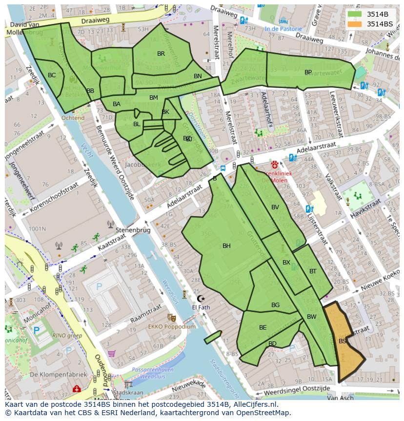 Afbeelding van het postcodegebied 3514 BS op de kaart.