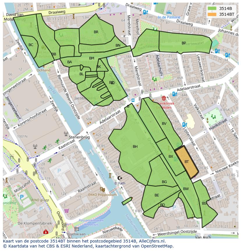 Afbeelding van het postcodegebied 3514 BT op de kaart.