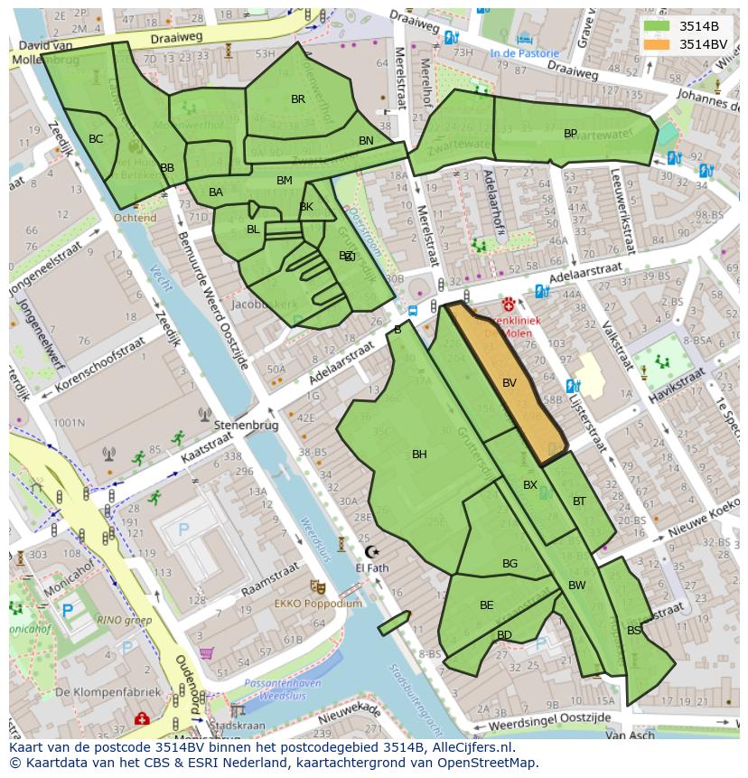 Afbeelding van het postcodegebied 3514 BV op de kaart.