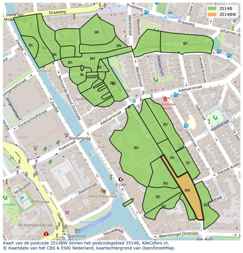 Afbeelding van het postcodegebied 3514 BW op de kaart.