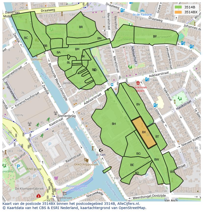 Afbeelding van het postcodegebied 3514 BX op de kaart.