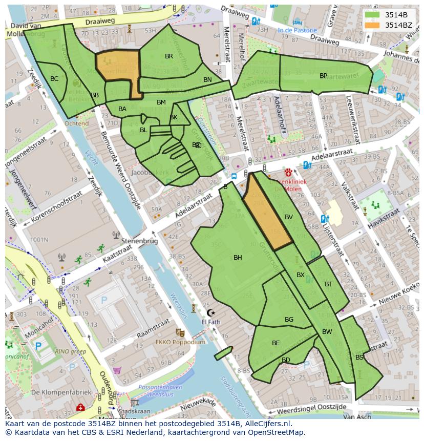 Afbeelding van het postcodegebied 3514 BZ op de kaart.