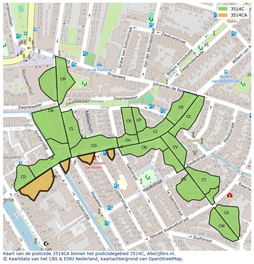 Afbeelding van het postcodegebied 3514 CA op de kaart.