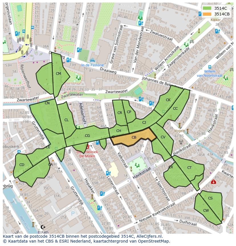 Afbeelding van het postcodegebied 3514 CB op de kaart.
