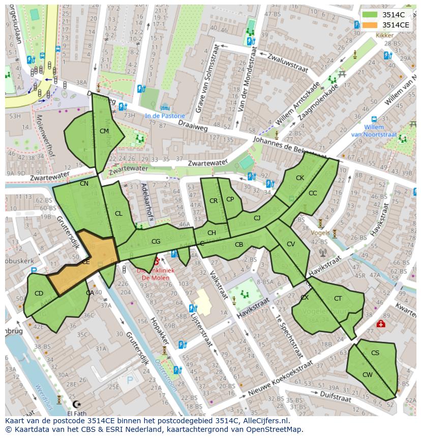 Afbeelding van het postcodegebied 3514 CE op de kaart.