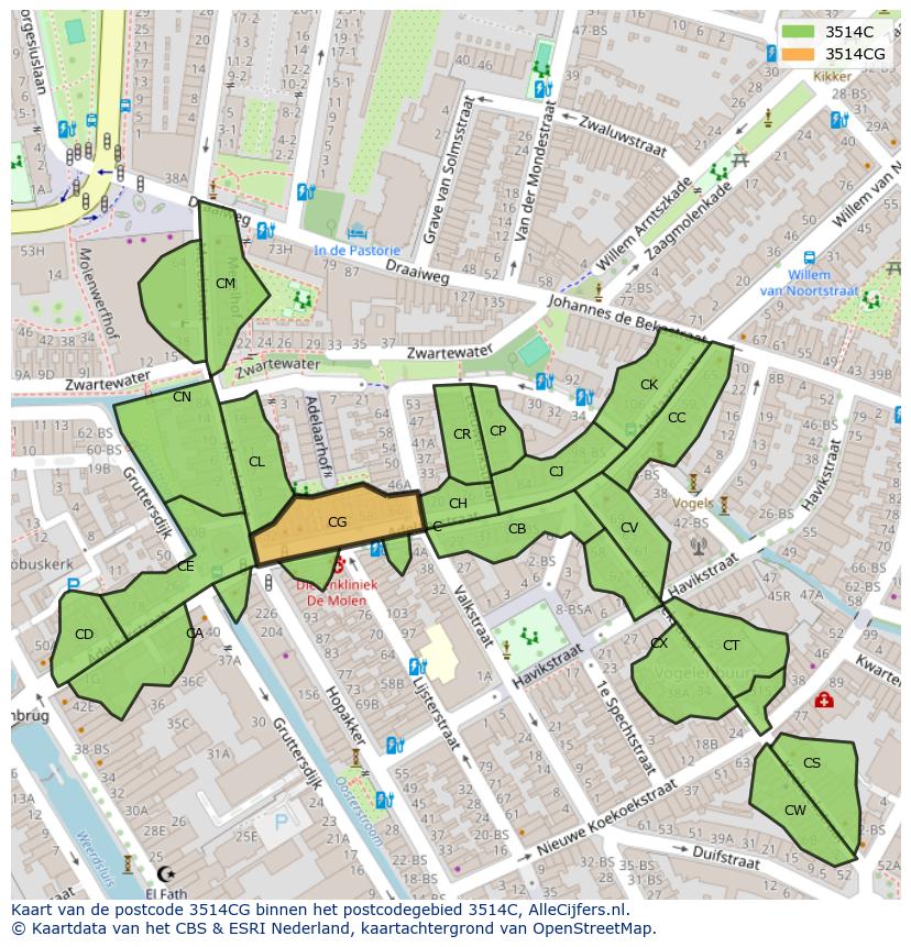 Afbeelding van het postcodegebied 3514 CG op de kaart.