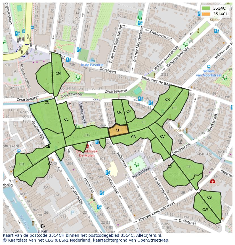 Afbeelding van het postcodegebied 3514 CH op de kaart.