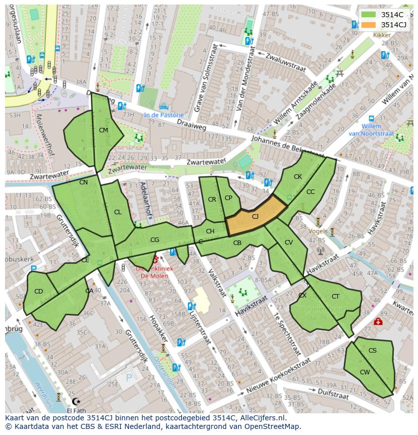 Afbeelding van het postcodegebied 3514 CJ op de kaart.