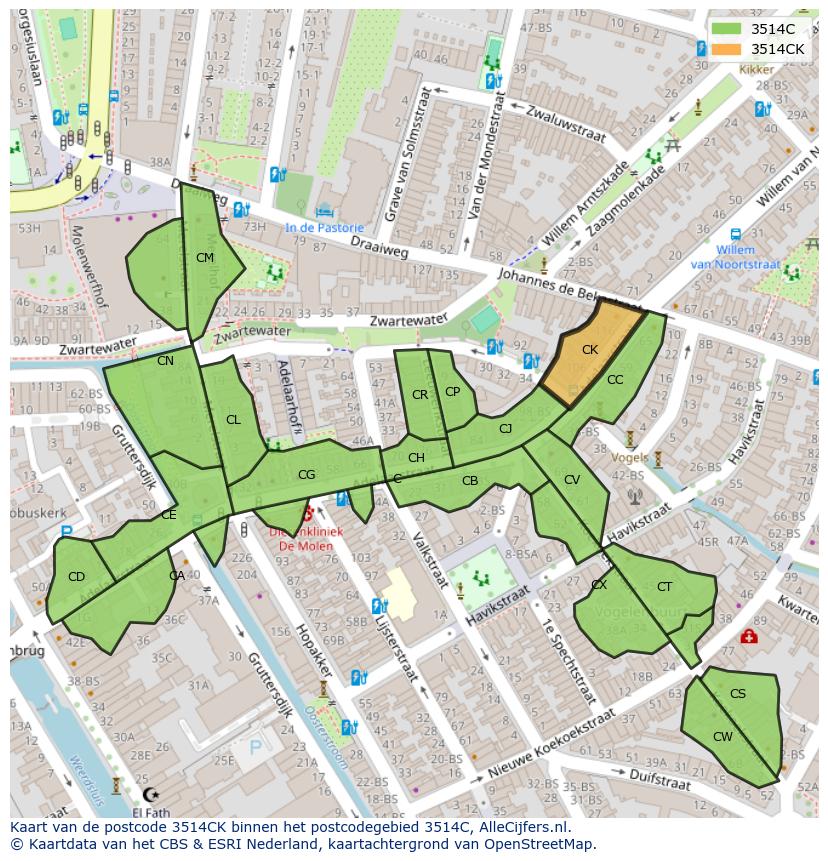 Afbeelding van het postcodegebied 3514 CK op de kaart.