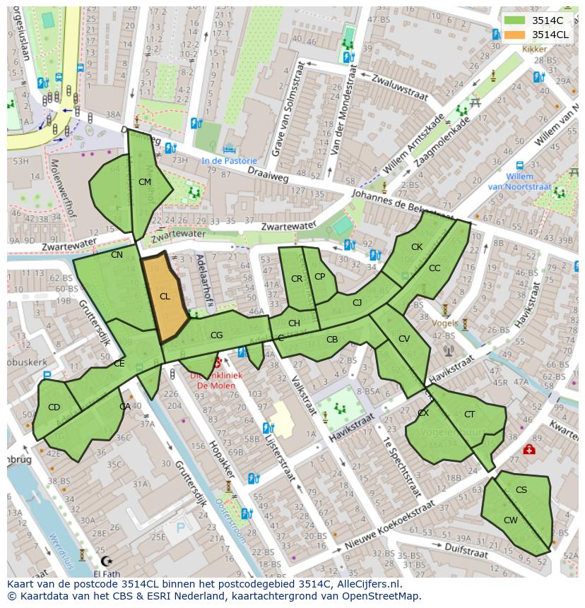 Afbeelding van het postcodegebied 3514 CL op de kaart.