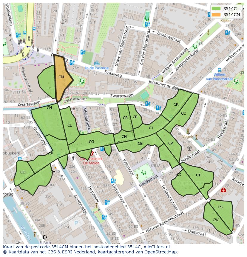 Afbeelding van het postcodegebied 3514 CM op de kaart.
