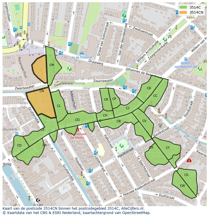 Afbeelding van het postcodegebied 3514 CN op de kaart.