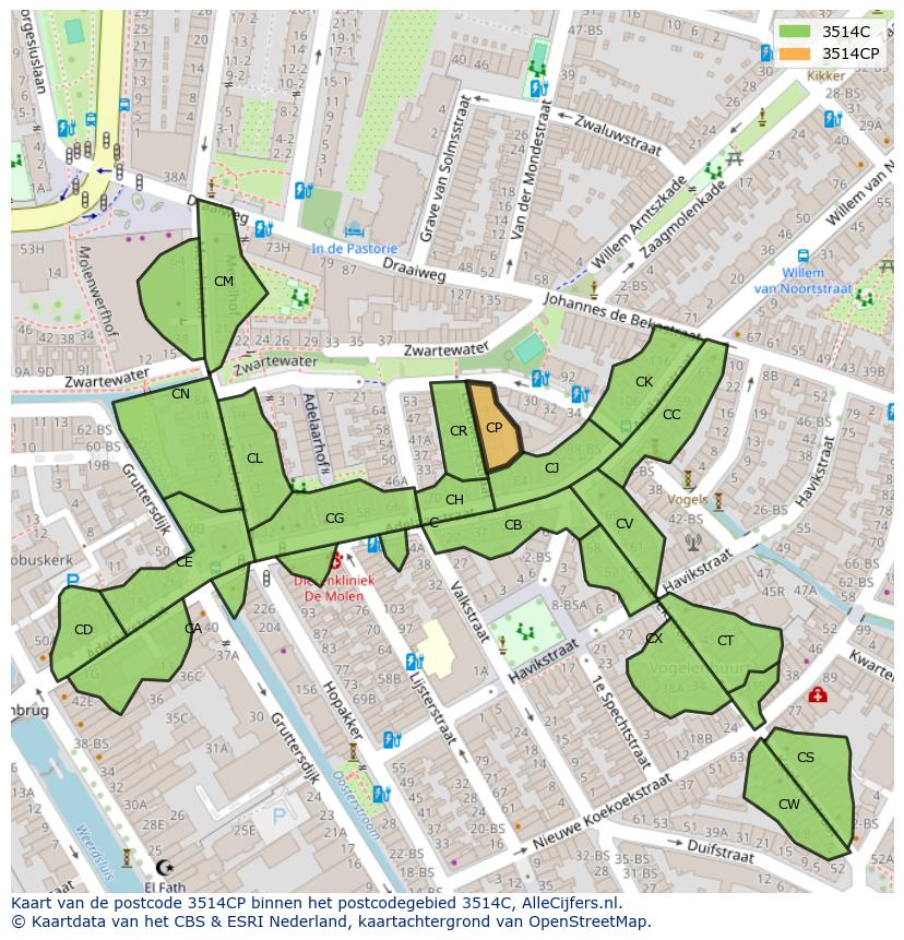 Afbeelding van het postcodegebied 3514 CP op de kaart.