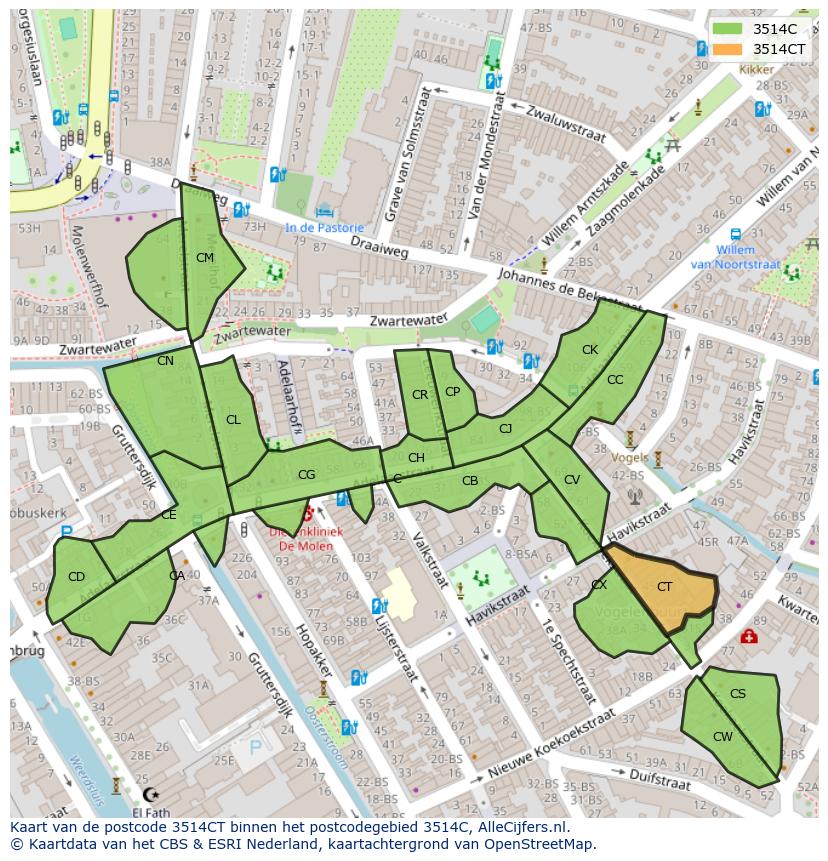 Afbeelding van het postcodegebied 3514 CT op de kaart.