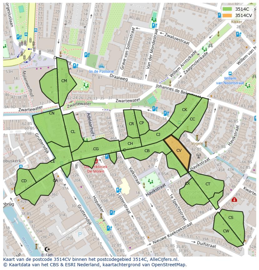 Afbeelding van het postcodegebied 3514 CV op de kaart.