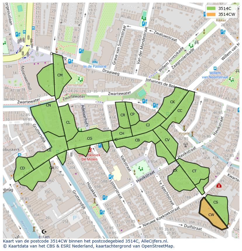 Afbeelding van het postcodegebied 3514 CW op de kaart.