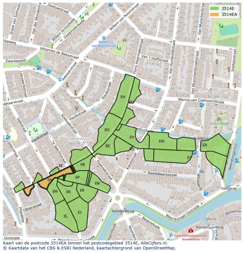 Afbeelding van het postcodegebied 3514 EA op de kaart.